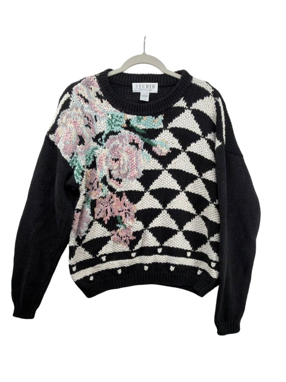 Vintage Studio Michelle Stuart Women Sweater Sz M Black/Pink Roses Cottage Fairy
